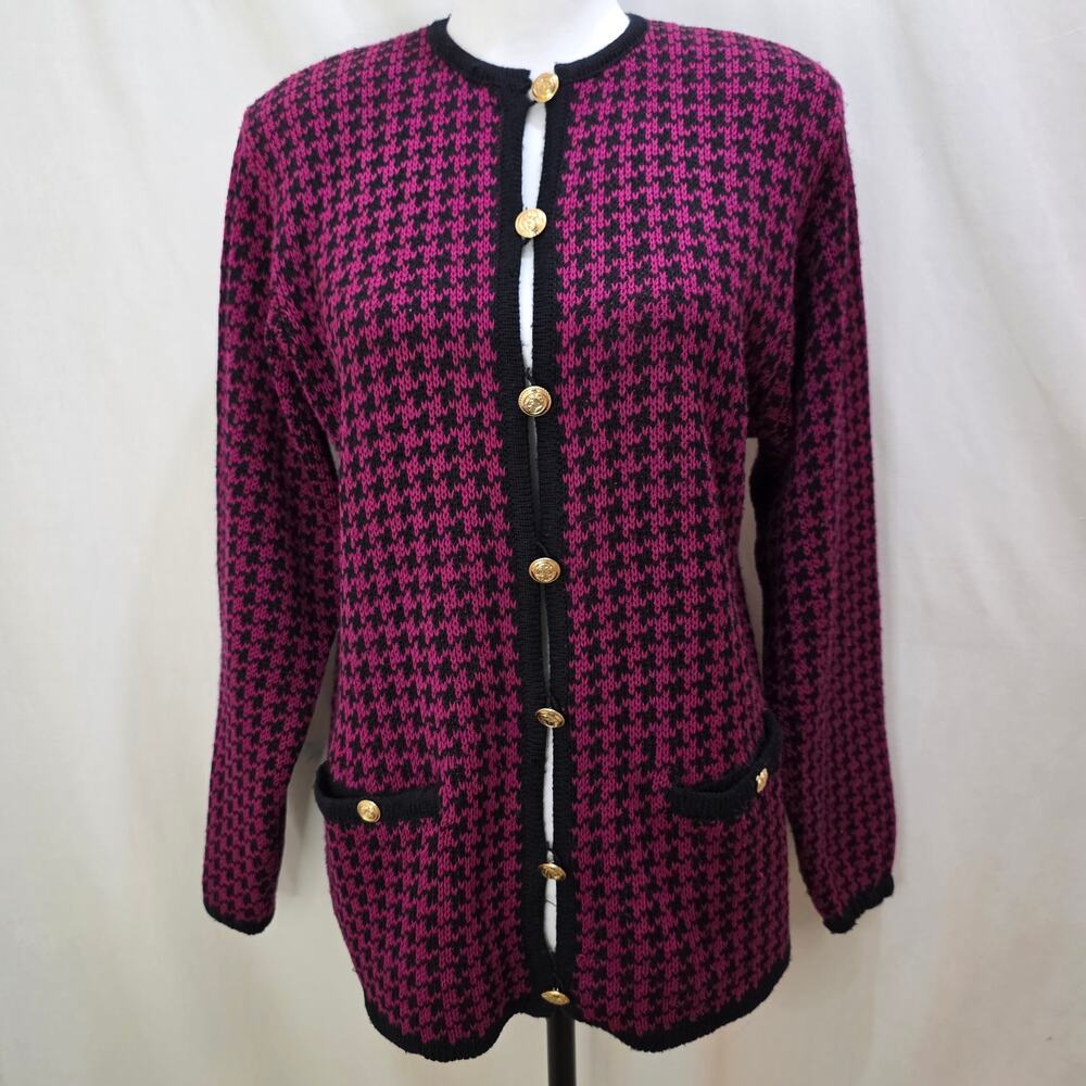 Mario Forte Vintage Fuchsia Black Houndstooth Button-down Cardigan Sweater, Med